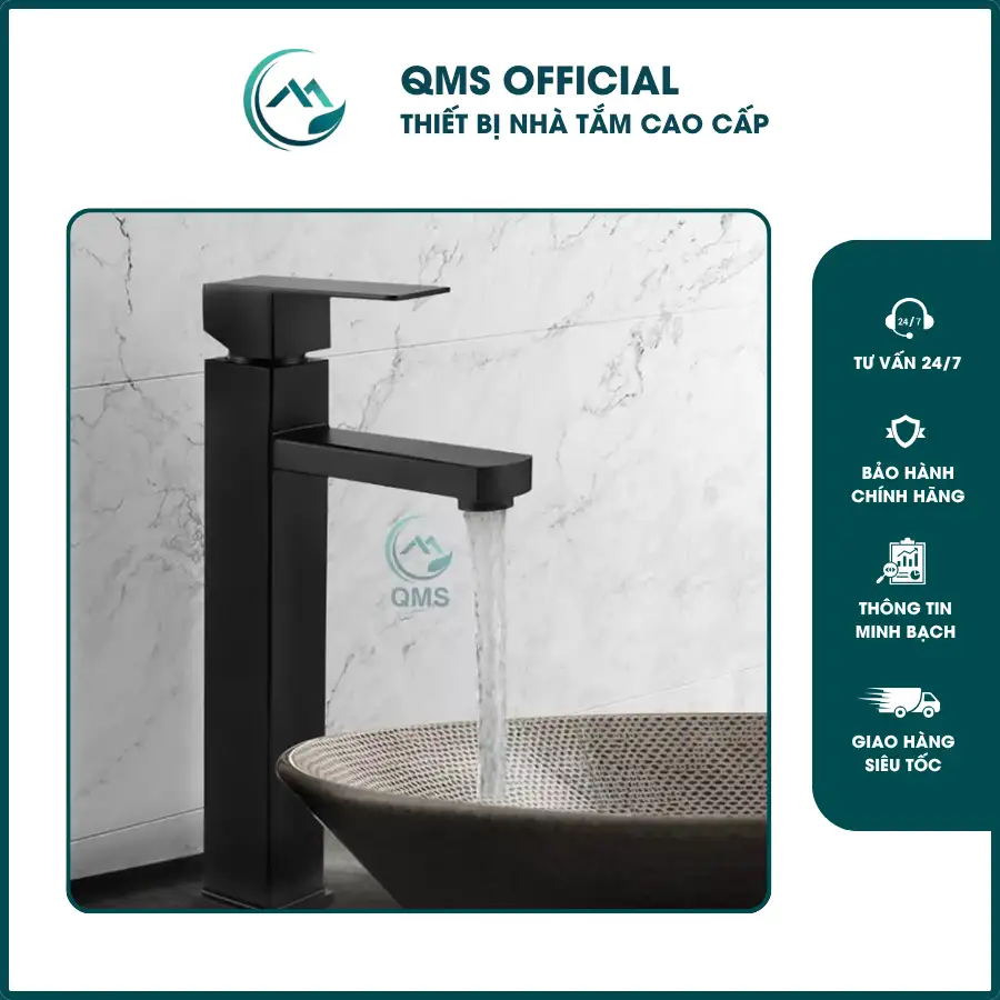 Vòi lavabo QMS Inox 304 Vuông Đen – Nóng lạnh 2 chế độ