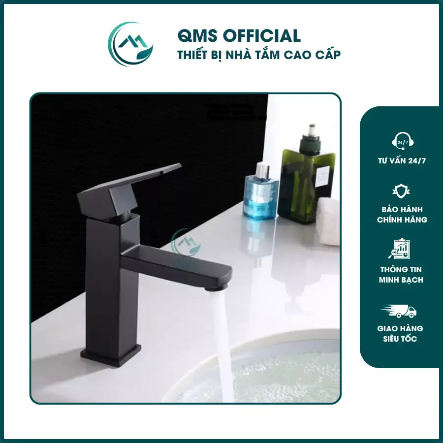 Vòi lavabo QMS Inox 304 Vuông Đen – Nóng lạnh 2 chế độ