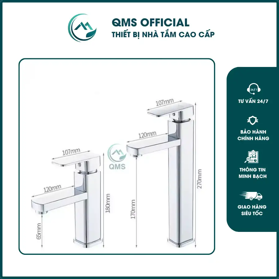Vòi Lavabo QMS, Vòi bồn rửa mặt nóng lạnh Vuông INOX 7 Vòi bồn rửa mặt