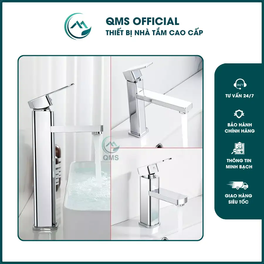 Vòi Lavabo QMS, Vòi bồn rửa mặt nóng lạnh Vuông INOX 3 Vòi bồn rửa mặt