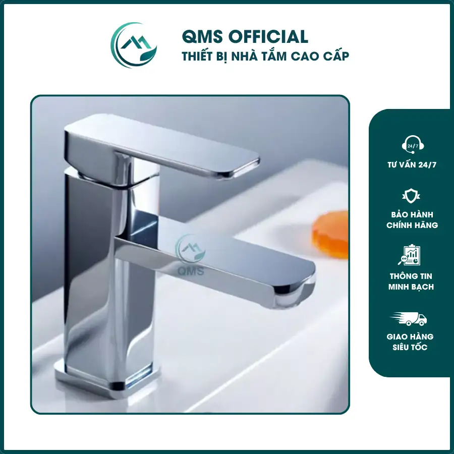 Vòi Lavabo QMS, Vòi bồn rửa mặt nóng lạnh Vuông INOX 6 Vòi bồn rửa mặt